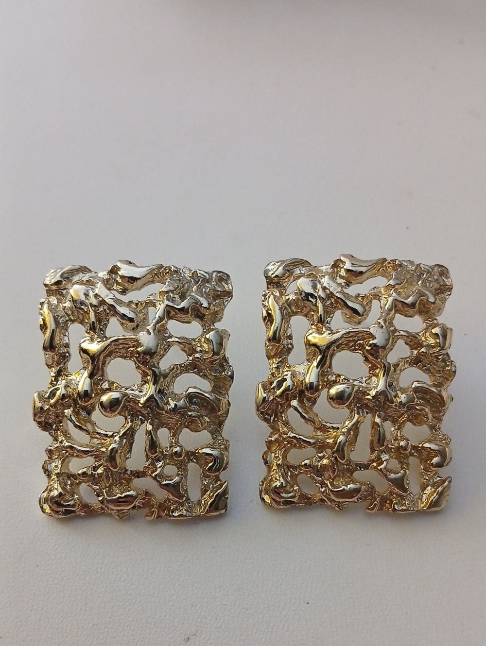 Mid Century Brutalist Silver Tone Textured Rectangle Statement Earrings